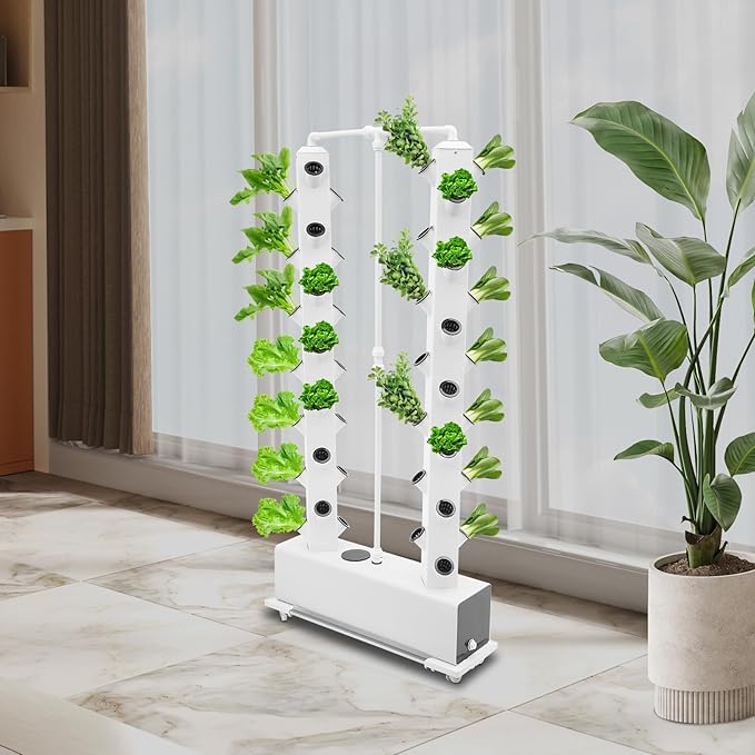 Hydroponic Growing System Kit 56-Plant Hydroponic Tower Indoor Herb Garden Vertical Planter Germination Kit with Intelligent Water Circulation &amp Timer Function Grower Harvest Fresh Herbs Vegetab