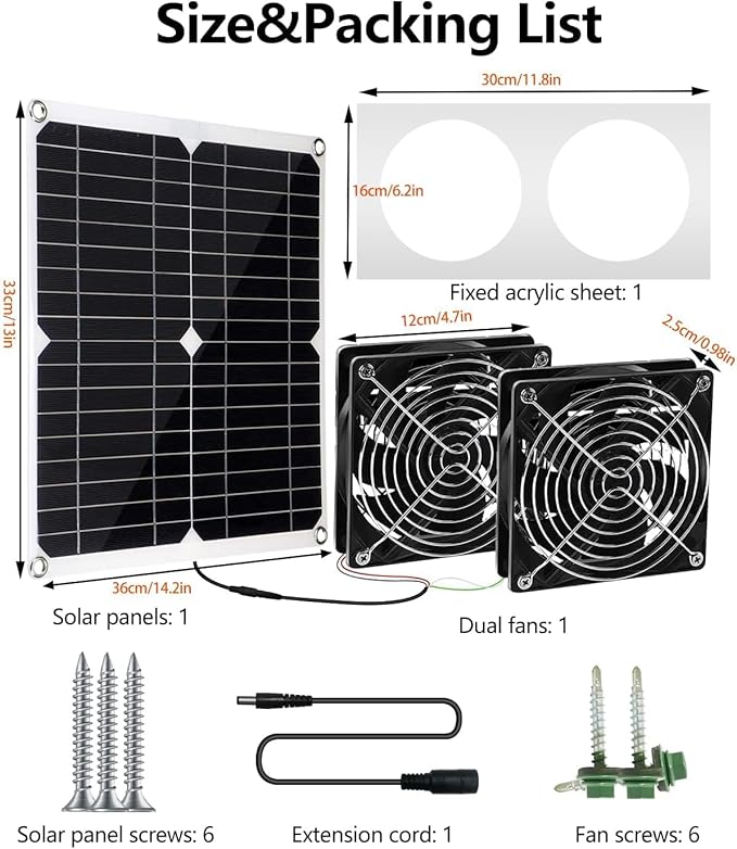 WININMETA Solar Powered Fan 25W Solar Fan for Chicken Coop Solar Exhaust Fan for Greenhouse Shed Pet Houses Outside with Two 5In IP65 Waterproof Fans 10Ft Cable On/Off Switch Intake or Exhaust