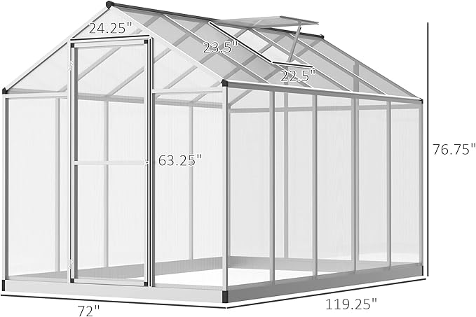 Outsunny 10' x 6' Greenhouse for Outdoors Polycarbonate Greenhouse with Rain Gutter and Roof Vent Aluminum Walk-in Green Houses for Outside Patio Backyard Garden