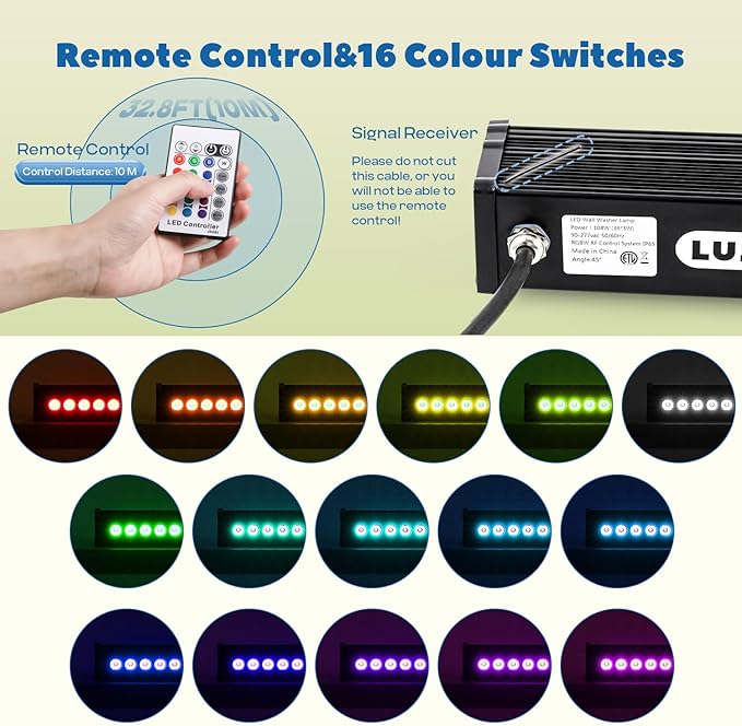 108W Wall Washer Light Bar RGBW 16 Color Changing 40’’/3.28FT Length Remote Controller*2 IP65 Waterproof LED Landscape Light