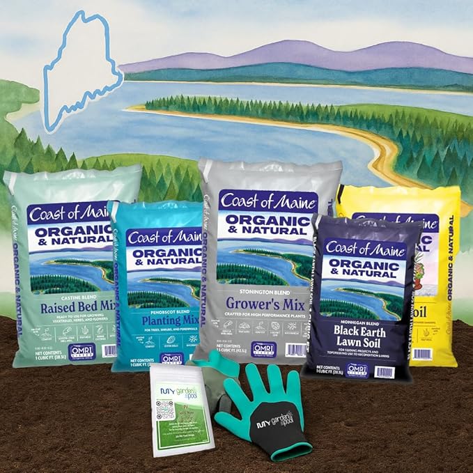 Coast of Maine ST1500 Stonington High Performance Growers Mix 1.5 cf with My Garden Pool 7-in-1 Soil Test Strips 20 ct. and Claw Gardening Gloves