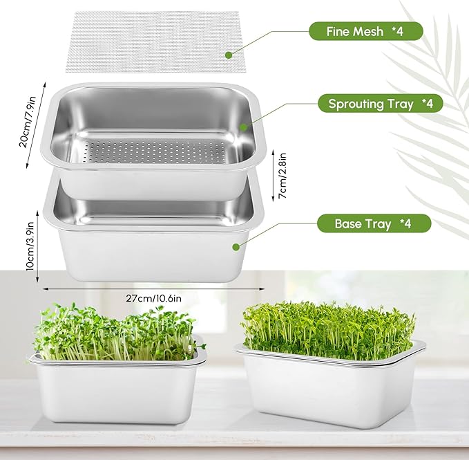 Vesici 4 Pack Sprouting Tray Kit Stainless Steel Soil Free Cultivation Germination Tray Wheatgrass Growing Container Seed Sprouting Container Kit for Indoors Plant Seed Beans Broccoli Arugula