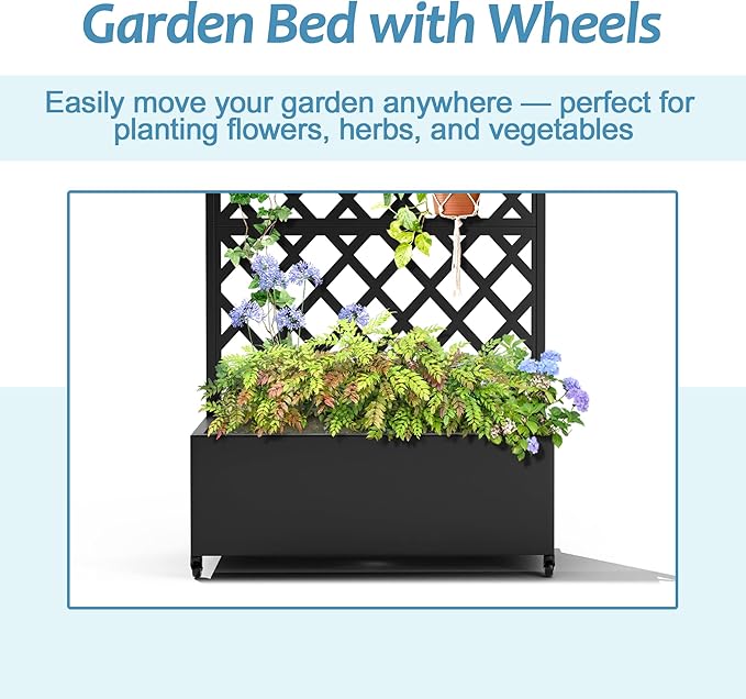 Metal Planter Box with Trellis &amp Wheels Raised Garden Bed with Privacy Screen Outdoor Standing Flower Beds with Drainage Hole for Climbing Plants Vine 35.4 L x 15.7 W x 70.9 H Black