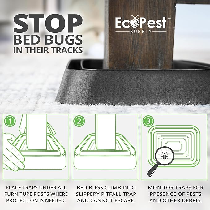 Bed Bug Interceptors – 4 Pack | Bed Bug Blocker (XL) Interceptor Traps (Black) | Extra Large Insect Trap Monitor and Detector for Bed Legs
