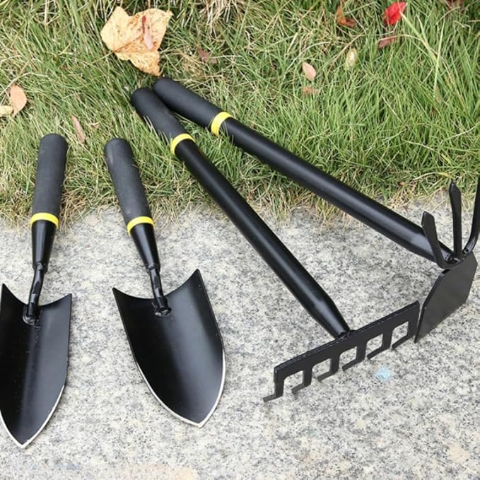 Garden Tool Set 4 PCS Heavy Duty Carbon Steel Gardening Tool Set with Non-Slip Rubber Grip Rake Shovel Outdoor Hand Tools Set Beach Combing Tool Kit Unisex Gifts for Seniors (Transplanter)