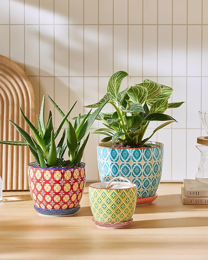 Ceramic Plant Pots 3.8+4.9+5.8 Inch Set of 3 Flower Pots with Drainage Hole &amp Saucer Trio Planter Pots Set for House Plants Home Decor Vibrant Colors