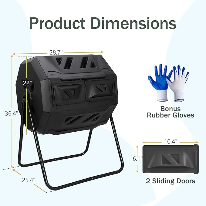 JupiterForce 43 Gallon Compost Bin Outdoor Dual Chamber Composter Tumbler 360° Rotating Tumbling Composter with 2 Sliding Doors for Kitchen Garden and Yard Waste Black (BPA Free)