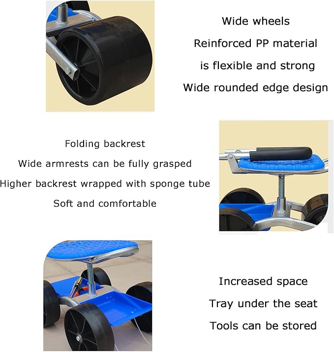 Garden Stool with Wheels23-35Cm Adjustable HeightBearing 100Kg Garden Cart with Storage Basketfor Orchards Farms Home3 Wheels