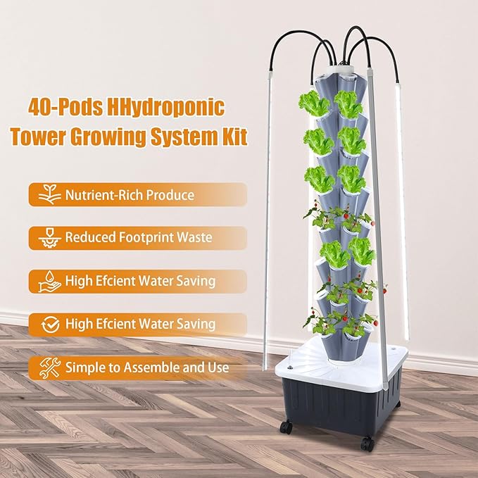 Hydroponics Growing System Tower Kit with Led Light 40pods Vertical Hydroponic Tower Hydroponics Tower Indoor Garden for Herbs Fruits and Vegetables (8 Layer)