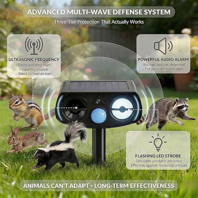 Solar Ultrasonic Animal Repeller Outdoor Motion Sensor Waterproof Pest Deterrent Raccoon Skunk Fox Squirrel Rabbit Dog Cat Deer Repellent for Yard Garden Farm 33ft 120° Coverage 2 Pack Black