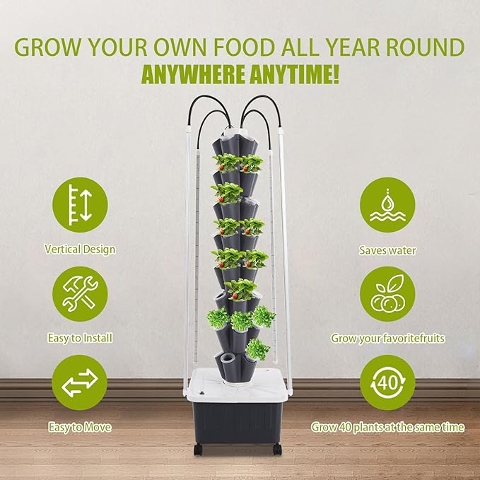 Hydroponics Growing System Tower Kit with Led Light 40pods Vertical Hydroponic Tower Hydroponics Tower Indoor Garden for Herbs Fruits and Vegetables (8 Layer)