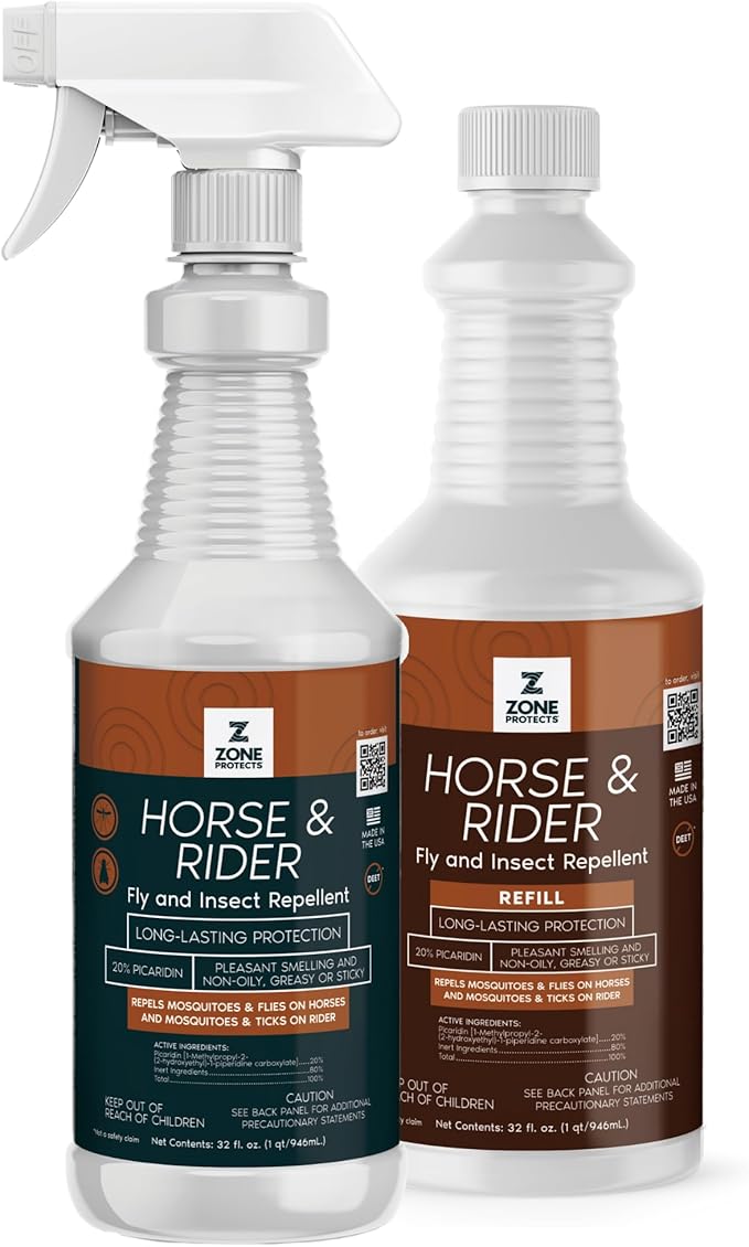 Horse &amp Rider Fly/Insect Repellent 32oz Trigger Sprayer Plus Refill Picaridin Based Fly Tick No-seeum and Mosquito. 12-hr Protection Against Biting Flies
