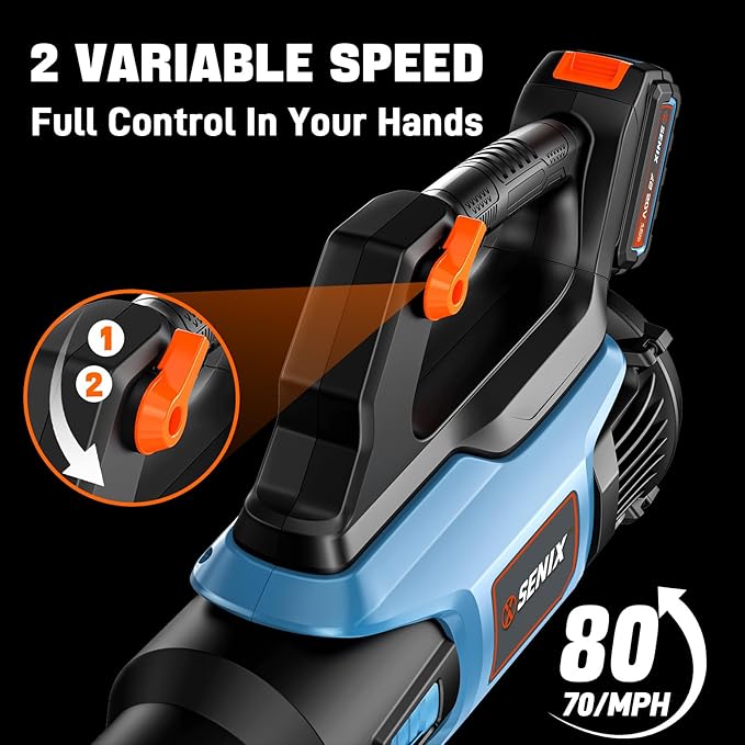 SENIX 20V Max Leaf Blower Cordless Brushless Handheld Up to 350 CFM and 80 MPH 2 Speed Mode Cruise Control Lightweight 4.0 Ah Battery and Charger Included (BLAX2-M)