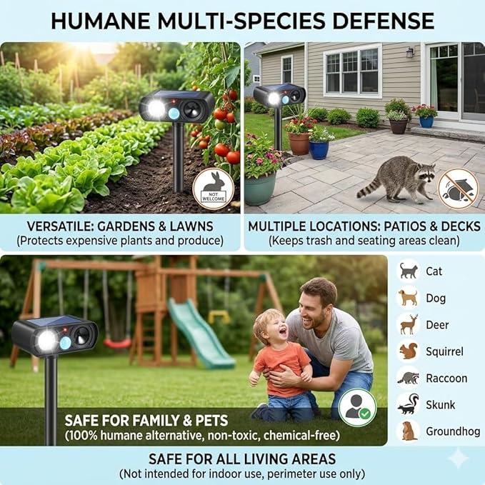 4Pack Feral Cat Repellent Outdoor Solar Ultrasonic Animal Repellent with Motion Detection and Flash LightStray Cat Deterrent Outdoor Keep Squirrel Raccoon Rabbit Away from Yard Garden Lawn