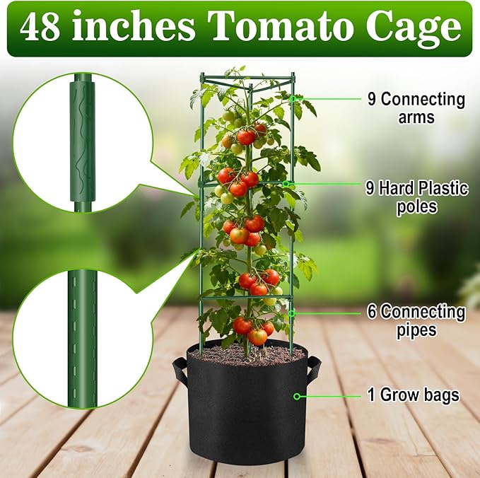 NNG 6 Packs 48 inches Tomato Cages with 10 Gallon Grow BagsGarden Plant Support CagesPlant Tower Stakes Garden Trellis for Climbing PlantsTomato Plant Trellis for Vegetable Fruits Vines