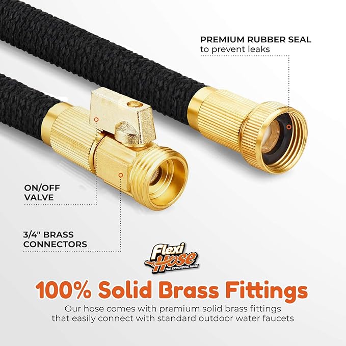 Flexi Hose Lightweight Expandable Garden Hose 50FT - Retractable Garden Hose Water Hose - No-Kink Flexibility 3/4 Inch Solid Brass Fittings and Double Latex Core