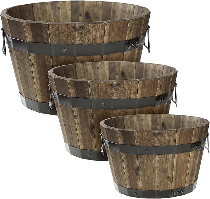 Idzo Set of 3 Wooden Flower Planters for Outdoor Plants Acacia Wood Barrel Planters Ergonomic Handles Drainage Holes Various Sizes Walnut