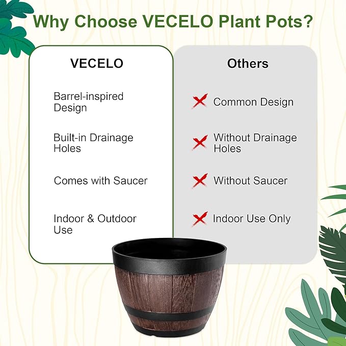 VECELO Plant Pots with Drainage Holes &amp Saucer 9/11.3/13 Inch Flower Pots with Tray 3 Pack Plastic Whiskey Barrel Planters for Indoor &amp Outdoor Garden Home Plants and Flowers
