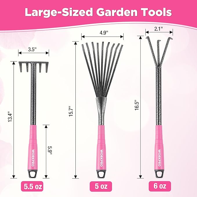 WORKPRO 6-Piece Pink Garden Tool Set Heavy Duty Gardening Hand Tools with Soft Rubber Handle Including Trowel Rakes 2-in-1 Hoe and Crack Weeder Ideal Gardening Gifts for Men and Women