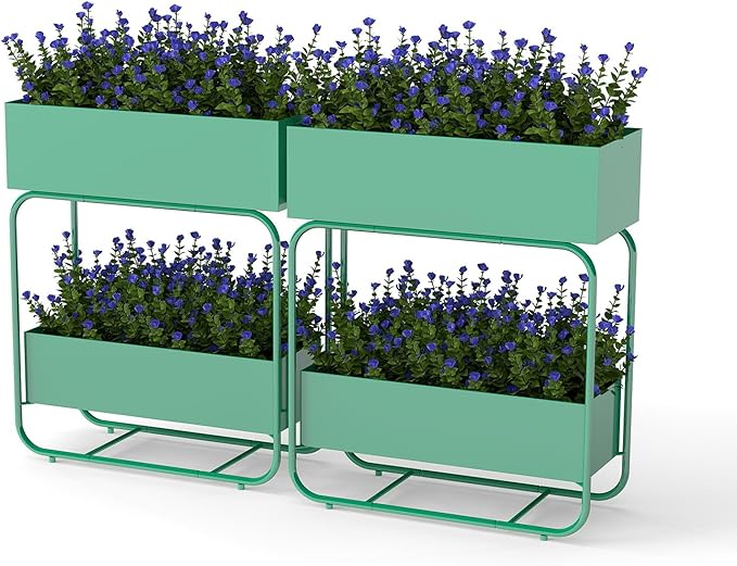 kinbor 2 Tier Elevated Raised Garden Bed Outdoor - Durable Planter Boxes for Vegetables Flowers &amp Herbs (29” Tall Rust-Resistant Steel Green)