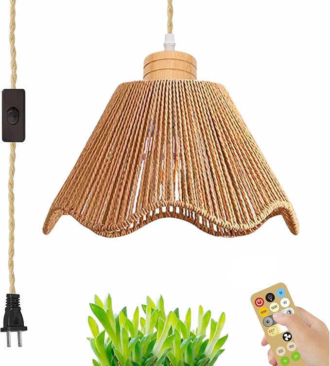Full Spectrum Lamp with Integrated Circulating Fan Timer Swag Hanging Boho Plant Growing Light by Remote Control Plug-in Hemp Rope Cord Dimmable for Indoor Planting Portable 30W