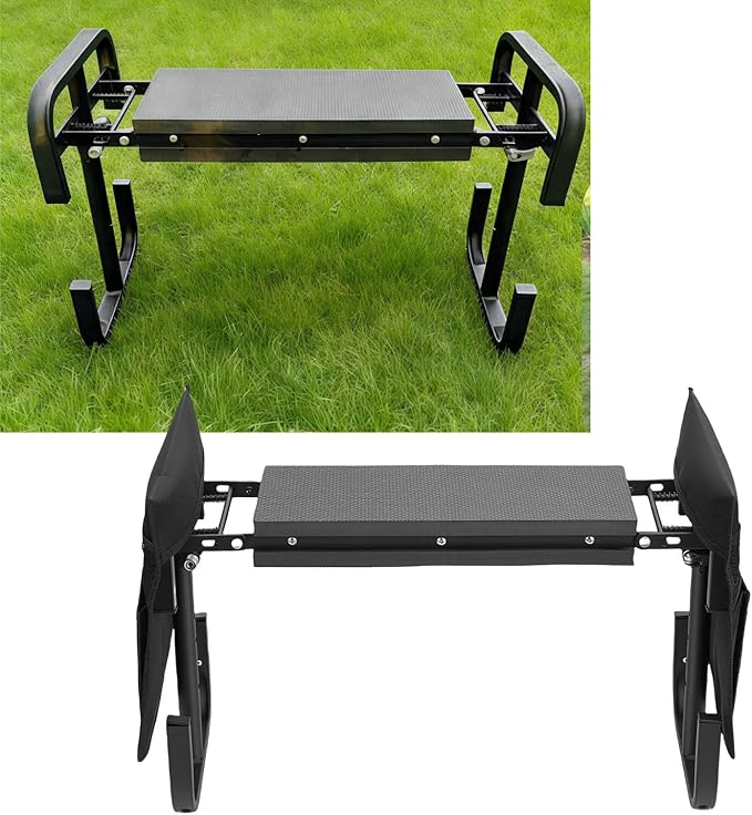 Zerodis Garden Stools 400lbs Widened Kneeler Pad Adjustable Height Foldable Portable Gardening Stool with 2 Tool Pouches Garden Kneeling Bench Support for Kneeling Sitting Kneeler (Black)