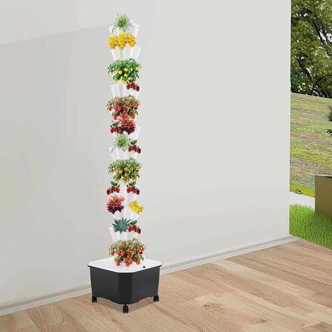 12-Tier Hydroponic Growing Tower 60-Plant Indoor Gardening System w/Automatic Water Circulation Vertical Aeroponic Tower Garden for Herbs Vegetables Fruits (White 60-Plants)