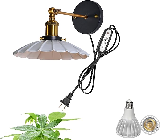 Hook Type Wall Mounted Plant Light Full Spectrum White Light 6000K 25W Bulb Vintage White Metal Plug in Cable Timing Wall Lamp for Indoor Growing Plants