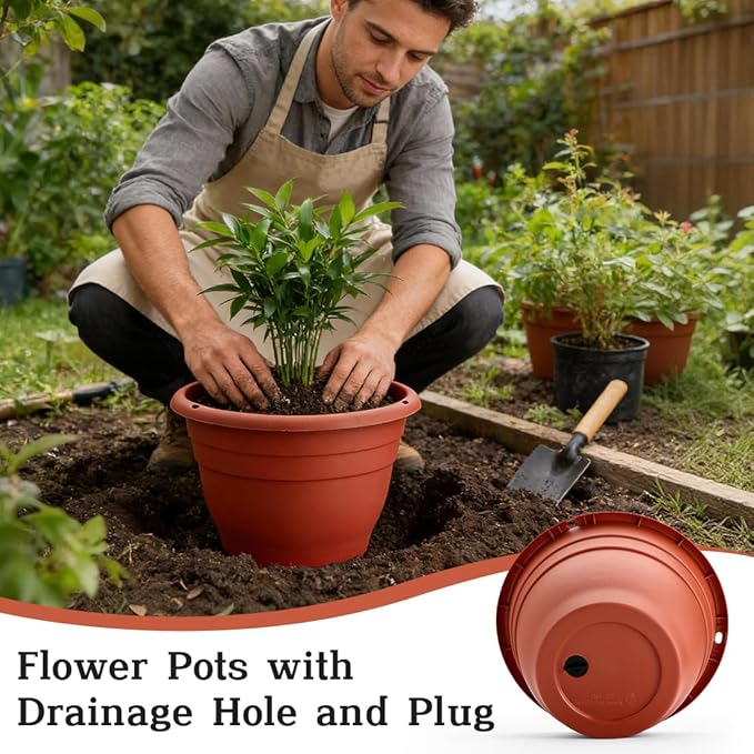 3 Pack 11 Inch Plant Pots Lightweight Planters with Drainage HolesDurable Indoor &amp Outdoor Flower Pots for GardenPatio &amp Home Decor(Pottery Red)