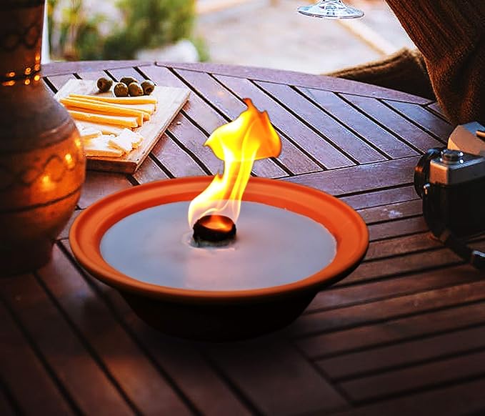 Hyoola 5 Hour Outdoor Firebowl Candle - Unscented Large Flame Wick in Terra Cotta Bowl - Insect and Mosquito Repellent Effect - for Table Patio Yard Camping Outdoors - Blue.