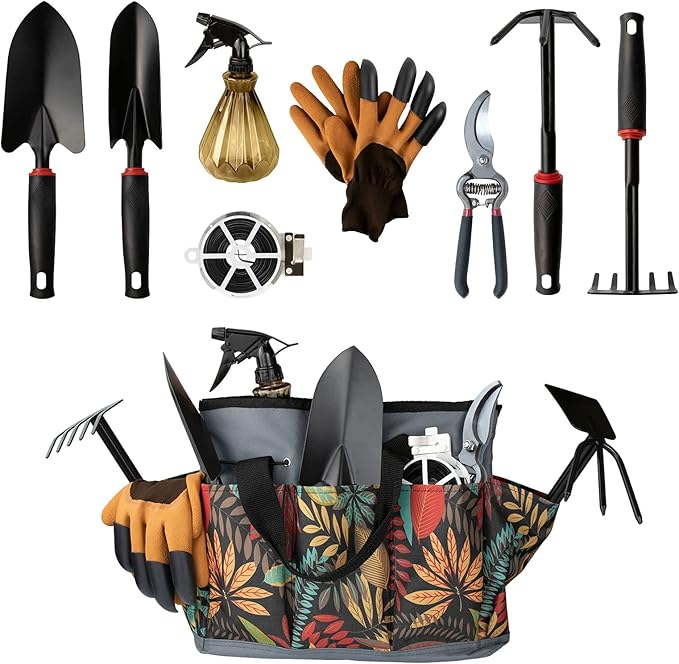 Giftable Garden Tools Set Adjustable Yard Tool Storage Tote Bag Alloy Gardening Tools with Non-Slip Ergonomic Rubber Grip for Digging Planting and PruningIdeal Gardening Gift for Women