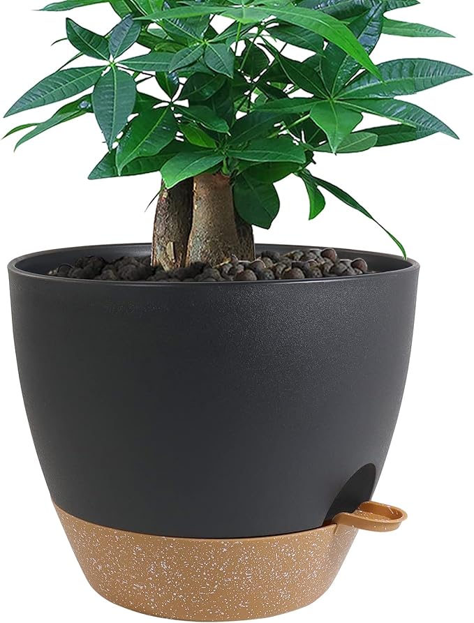 12 inch Large Self Watering Pots Plastic Planters with 60oZ Removable Deep Reservoir and Multi Mesh Drainage Holes for Indoor Outdoor Garden Plants and Flowers Black with Brown
