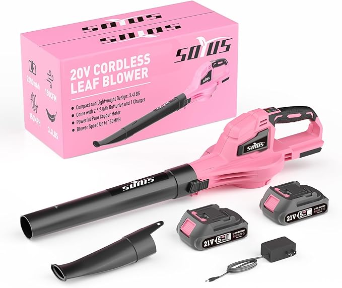 SOYUS Leaf Blower 20V Leaf Blower Cordless with 2x2.0Ah Battery and Charger 150 MPH Electric Leaf Blowers with Two-Speed Mode Blowers for Lawn Care Debris Dust Cleaning（Pink）