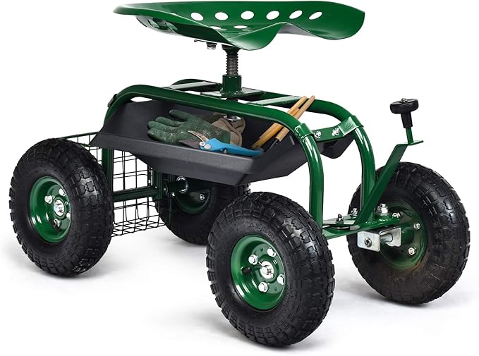 Giantex Garden Cart with Seat Rolling Garden Seat with Wheels Tools Basket 360 Swivel Gardening Workseat Adjustable Height Wagon Scooter for Patio Lawn Yard Outdoor Steerable Stool (Green)
