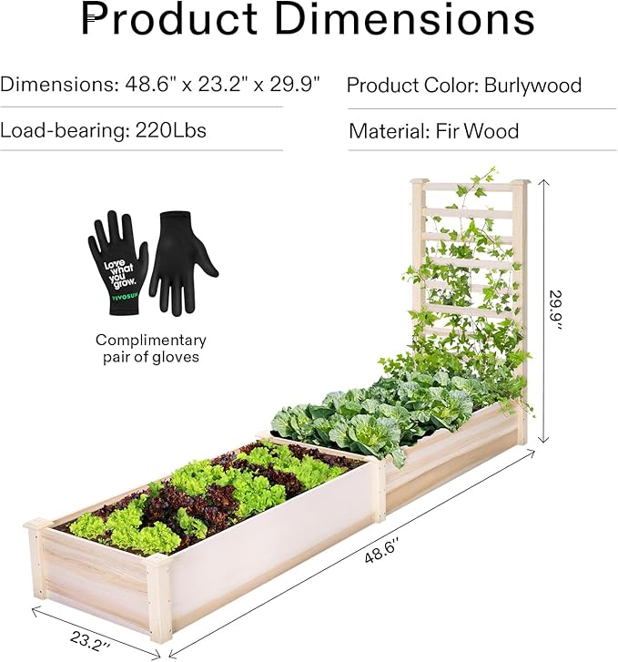 VIVOSUN Wooden Raised Garden Bed 48 x 24 x 30 Inches Outdoor Wood Planter Box with Gloves and a Liner with Trellis for Vine Climbing for Garden Patio Balcony Backyard and Outdoors