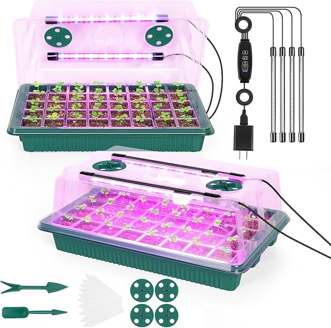 Seed Starter Tray with Grow Light 80 Cells Seed Starter Kit with Humidity Dome Indoor Seedling Starter Trays Adjustable Brightness and Timed Plant Germination Starter Trays for Seeds Growing 2 Pack