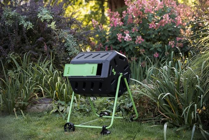 FCMP Outdoor HOTFROG Mobile Dual Chamber Tumbling Composter with Wheels - Outdoor Rotating Garden Compost Bin (HF-IM4000-WK) Black &amp Green (37-Gallon)