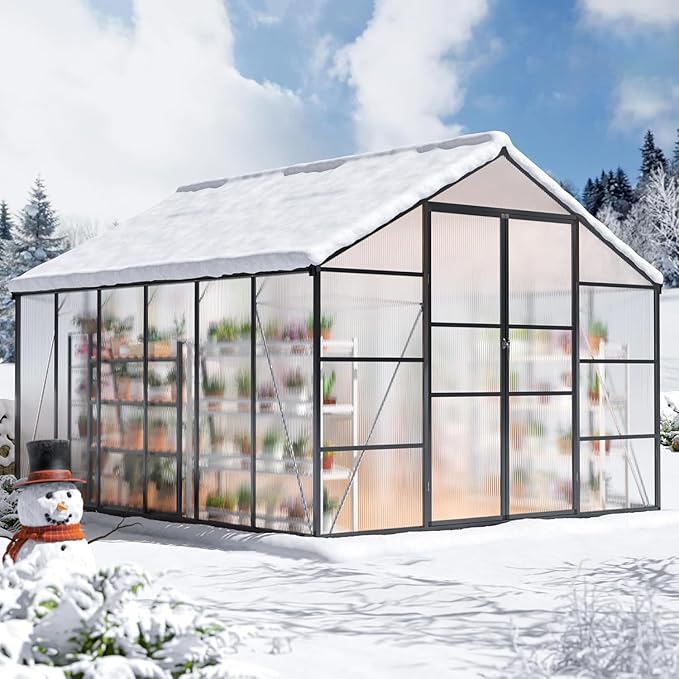 WKM 10x12 FT Greenhouse Enhanced Aluminum Frame Greenhouses for Outdoors Withstands Strong Wind or Snow Green House with Swing Door Green Houses for Outside Garden Backyard Black
