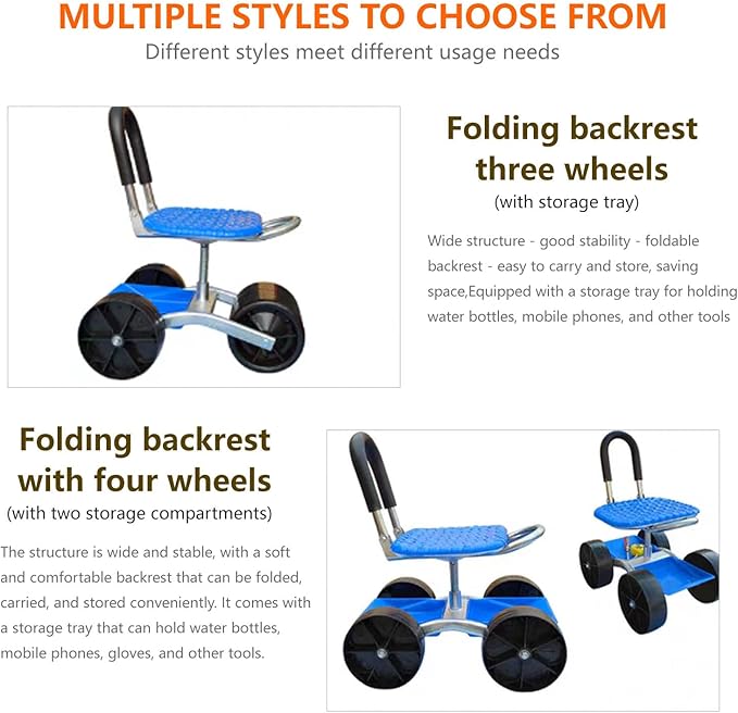 Auxiliary Gardening Chair with Wheels and Foldable backrest Used for Outdoor Vegetable Picking and Bending Assistance During car Maintenance (Foldable Four-Wheel Storage Model)
