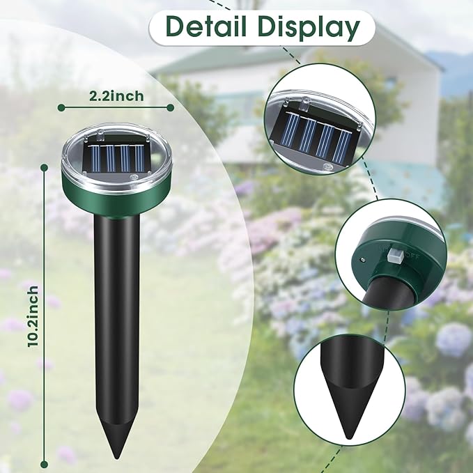 Mole Repellent for Lawns - Ultrasonic Gopher Repellent Solar Powered for GardenYard - Waterproof Sonic Mole Spike for SnakeChipmunkOutdoor Pest Control Vole Deterrent
