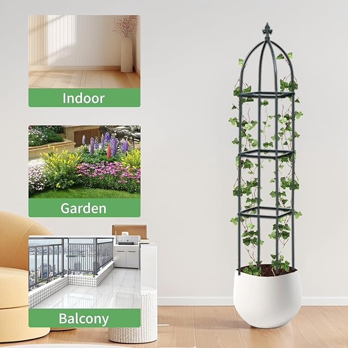 Garden Trellis for Climbing Plants Outdoor - Powder-Coated Steel 63 Metal Trellis Towering Plant Support - Heavy Duty Obelisk Trellis for Climbing Vine Vegetables &amp FlowersDeep Green