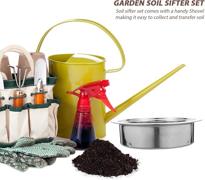 Stainless Steel Garden Soil Sifter Set with 1mm 3mm 6mm Mesh Screens and Plastic Shovel for Compost Sifting and Potting Soil Filtration