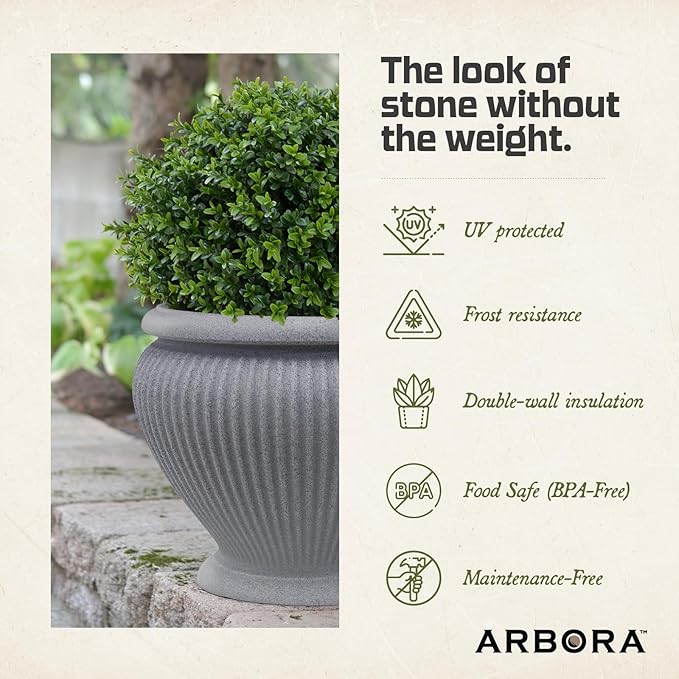 ARBORA 18 Cannes Urn Polyresin Indoor and Outdoor Planter with Stone Blend Concrete Gray Finish - Durable Weatherproof Lightweight Large Plant Pot for Patio Garden Deck Entryway