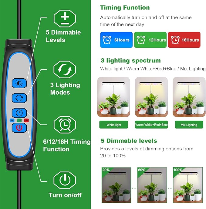Wiaxulay Grow Lights Full Spectrum Plant Light for Indoor Plants Height Adjustable Desktop Grow Lamp with Auto Timer 6/12/16Hrs 3 Lighting Modes5 BrightnessIdeal for Potting Soil 2 Pack