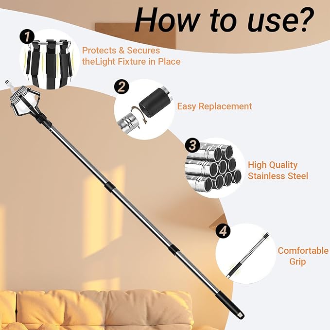 Upgraded 13FT Assembled Light Bulbs Extension Pole Changer for High Ceilings and Recessed LightsLight Bulbs Changer with Baskets and Suction Cup for Light Bulb Removal Tool for Household.