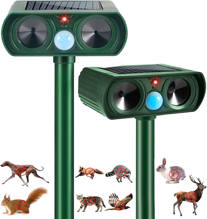 2 Pack 2025 Solar Ultrasonic Animal Repellent Squirrel Fortress Pro Outdoor Deer Repellent Motion DetectionWaterproof Cat Squirrel Mouse Raccoon Dog Rabbit Deterrent for Garden Yard