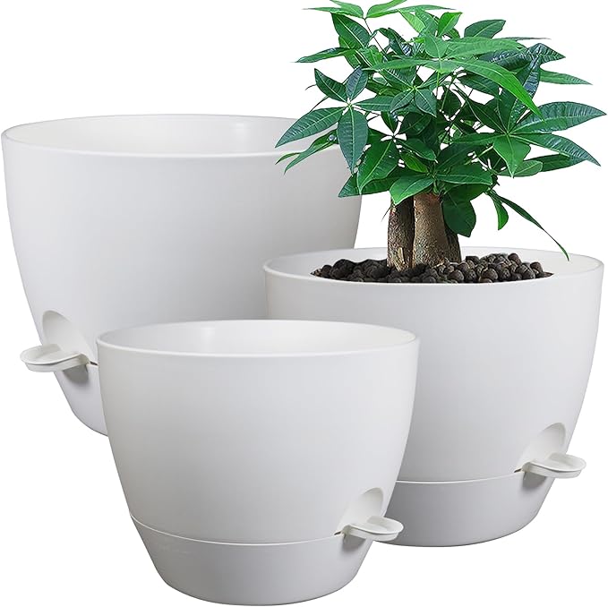 Large Self Watering Pots 12/10/9 Plastic Planters with High Drainage Holes and Deep Reservoir for Indoor Outdoor Garden Plants and Flowers White