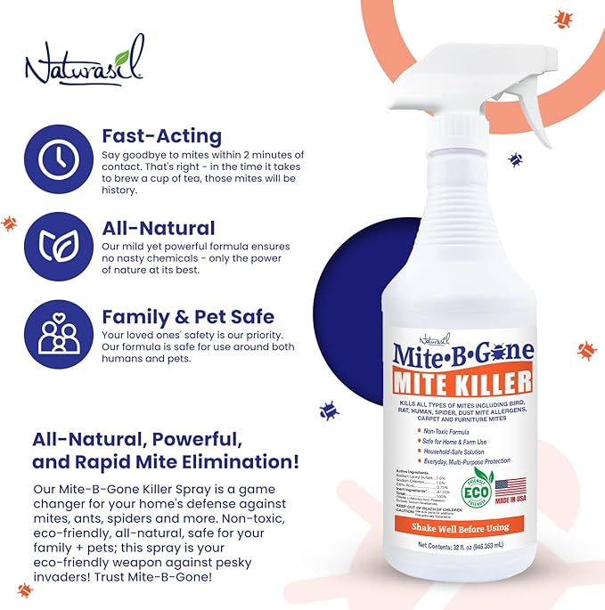 Mite Killer Spray by Mite-B-Gone - 32oz | Plant-Based Treatment for Human Dust Chicken Bird Carpet &amp Rat Mites in Homes Furniture &amp Bedding | Farm Family &amp Pet Safe