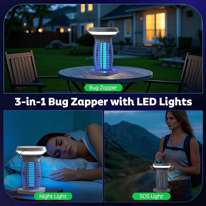 Solar Bug Zapper Outdoor Mosquito Zapper Outdoor Waterproof Electric Fly Zapper Rechargeable Mosquito Killer with Solar Panel 4200V Fly Trap Indoor for Home Backyard Patio Garden Camping