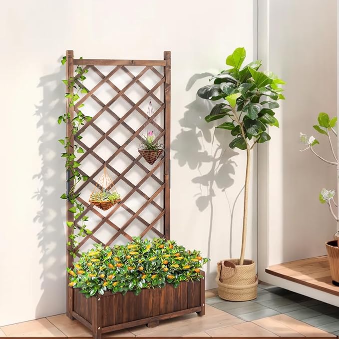 Brown Wood Planter Raised Garden Bed with Trellis 67H Outdoor Garden Flower Standing Planter Box Lattice Panels with Planter for Patio Porch Outdoor Wood Planter Box &amp Plant Stand Planter Conta
